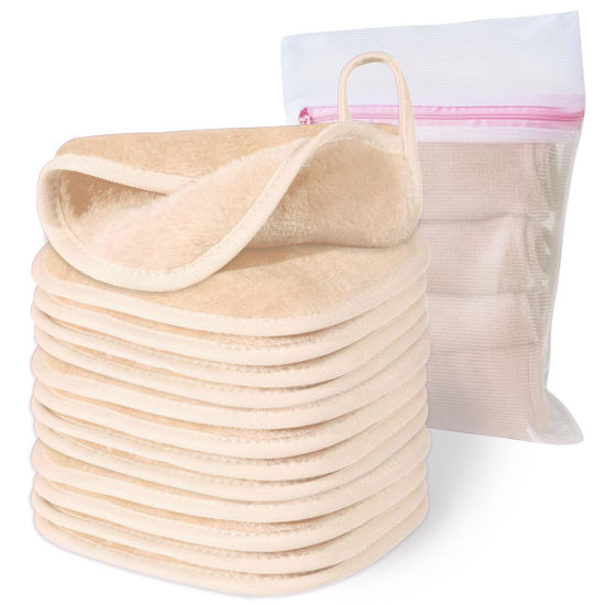 Picture of Natwag Makeup Remover Cloth, 6" x 6" Make Up Towels Reusable Face Cloth for Washing Face, 12 Pack Makeup Remover Pads Microfiber Face Washcloth with Mesh Bag, Beige