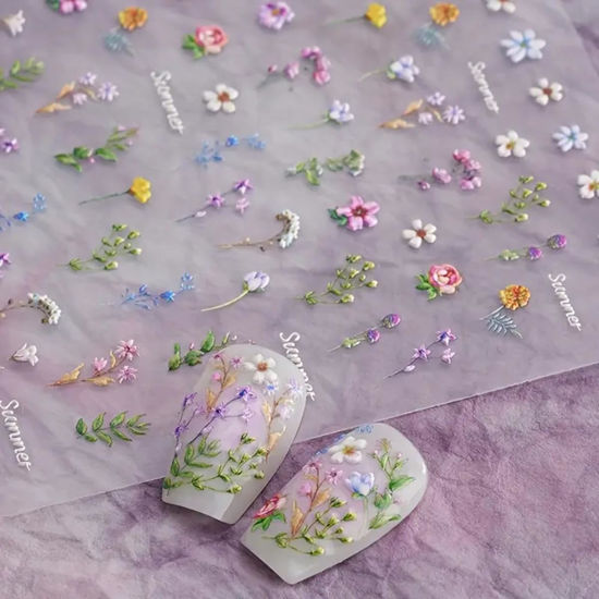 Picture of Flower Nail Stickers for Nail Art - Flower Nail Art Stickers Summer Floral Leaf Plant 5D Embossed Nail Decals Self-Adhesive Nail Art Supplies Manicure Sliders Flower Stickers for Nails Art Decoration