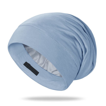 Picture of OLESILK 100% Mulberry Silk Bonnet for Sleeping Women, Silk Hair Wrap for Sleeping, Silk Sleep Bonnet for Women&Men, Real Silk, Not Satin, Light Blue