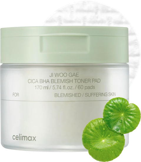 Picture of celimax Ji.Woo.Gae Cica BHA Blemish Toner Pad | Hydrating & Moisturizing Exfoliating Pads for Oily Combination Skin, for Soothing, Depuffing, Repairing, Astringent Pads (60 Pads)