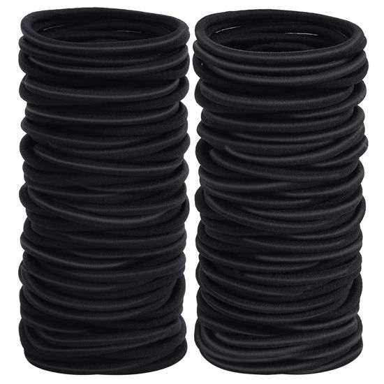 Picture of Sderoq 100pcs Womens Elastics Hair Tie, 4MM Black Ponytail Holders Hair Bands, 2 Inch in Diameter Elastic Band for Medium to Thick Hair (4mm Black)