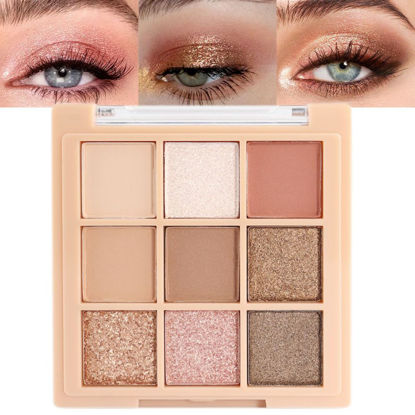 Picture of 9Colors Nude Champagne Gold Rose Brown Colorful Glitter Eyeshadow Palette Makeup,Korean Natural Neutral Rainbow Eyeshadow Palettes Highly Pigmented Naturing-Looking Long Lasting Waterproof Blendable