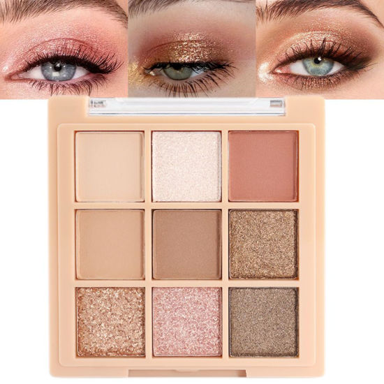 Picture of 9Colors Nude Champagne Gold Rose Brown Colorful Glitter Eyeshadow Palette Makeup,Korean Natural Neutral Rainbow Eyeshadow Palettes Highly Pigmented Naturing-Looking Long Lasting Waterproof Blendable