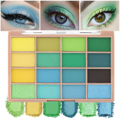 Picture of 16Colors Green Gold Light Blue Colorful Eye Shadow Makeup Pallet,High Pigmented Rainbow Matte Shimmer Glitter Eyeshadow Makeup Pallet Gift Kit,Long Lasting Waterproof Blendable Natural Eye Shadow
