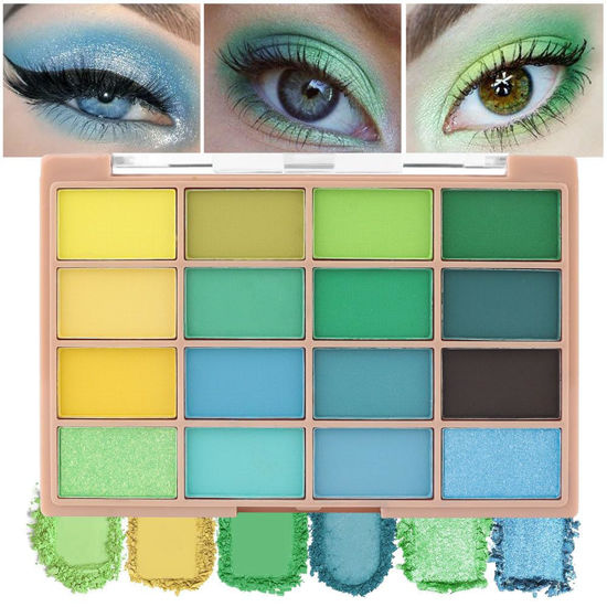 Picture of 16Colors Green Gold Light Blue Colorful Eye Shadow Makeup Pallet,High Pigmented Rainbow Matte Shimmer Glitter Eyeshadow Makeup Pallet Gift Kit,Long Lasting Waterproof Blendable Natural Eye Shadow