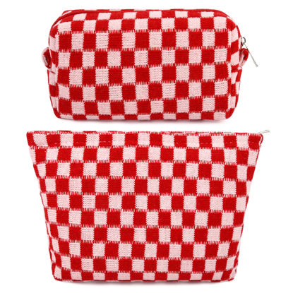 Picture of SOIDRAM 2 Pcs Checkered Makeup Bag Large Cosmetic Bag Toiletry Bag Makeup Pouch Travel Bag Organizer Cute Makeup Brushes Aesthetic Accessories Storage Bag for Women Red