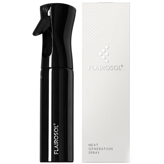 Picture of FLAIROSOL Spray Bottle for Hair, Continuous Spray Bottle with 0.3MM Ultra Fine Mist, Water Mister Spray Bottle for Hairstyling, Cleaning, Plants, Pets, 10.1oz/300ml, Black Bottle, White Print