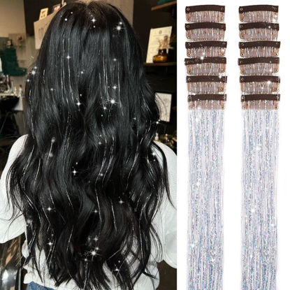 Picture of Hair Tinsel Pack of 12 Pcs Clip in Hair Tinsel Kit, 20 Inch Glitter Silver Tinsel Hair Extensions, Festival Tinsel Fairy Hair Party Dazzle Hair Accessories Strands Kit (20 Inch 12Pcs,Silver#)