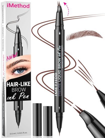 Picture of iMethod Curved Eyebrow Pen - Eyebrow Pencil, Brow Pencil 2-in-1 Dual-Ended Microblading Eyebrow Pen with Micro-Fork-Tip & Precise Brush-Tip Create Natural Hair-Like Brows, Last All-Day, Reddish Brown