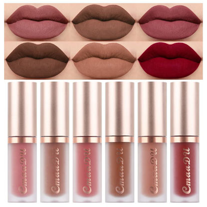 Picture of evpct 6Pcs Dark Light Nude Brown Matte Matt Liquid Lipstick Lip Gloss Glossy Set for Black Women, 24 Hour Brown Mauve Red Maroon Silky Velvet Lipstick Lip Liner set labiales matte larga duracion 24