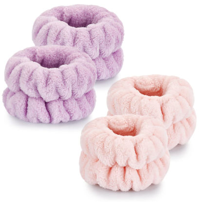 Picture of 4 Pcs Wrist Towels for Washing Face-Dorbetar, Microfiber Wrist Bands for Washing Face, Spa Wristbands for Washing Face, Fluffy Towel Bands, Arm Bands for Washing Face for Woman Children（Purple,Pink）