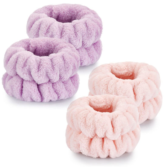 Picture of 4 Pcs Wrist Towels for Washing Face-Dorbetar, Microfiber Wrist Bands for Washing Face, Spa Wristbands for Washing Face, Fluffy Towel Bands, Arm Bands for Washing Face for Woman Children（Purple,Pink）