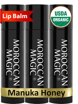 Picture of Moroccan Magic Organic Manuka Honey Lip Balm 3 Pack | Made with Natural Cold Pressed Argan and Essential Oils Lip Balm | Smooth Application