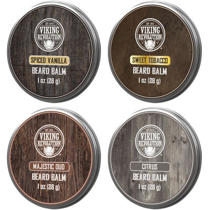 Picture of Viking Revolution 4 Beard Balm Variety Pack (1oz Each)- Spiced Vanilla, Sweet Tobacco, Majestic Oud, Citrus - Beard Butter Styles, Strengthens and Softens Beards and Mustaches - Beard Wax for Men