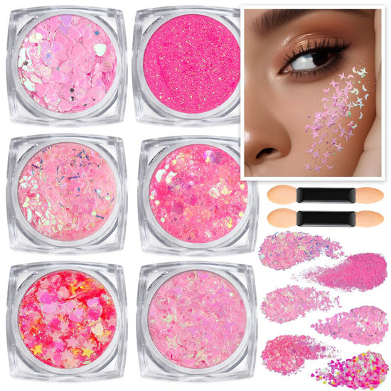 Picture of Teenitor Face Glitter, Pink Body Glitter Gel, Holographic Glitter for Face and Body, Hair, Gel Glitter Makeup for Festival Party Cheer Glitter