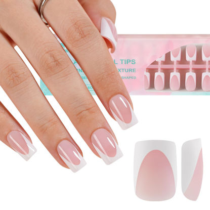 Picture of Misssix French Gel Nail Tips, 160Pcs Deep Almond French Tip Press on Nails Short Square, No Need to File Tips Pre-lasting, Fake Nails for Nail Art DIY 16 Sizes