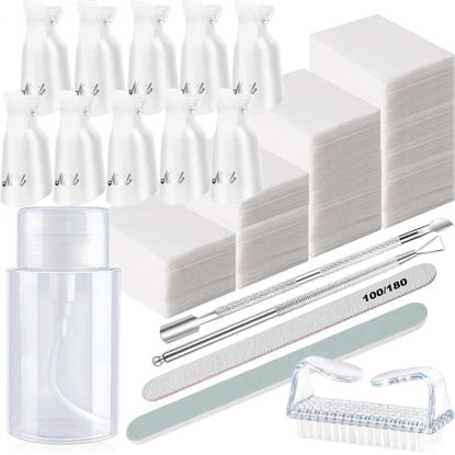 Picture of Nail Polish Gel Remover Tools Kit, Soak Off Cap Clip, UV Gel Polish Cuticle Pusher, 200ml Dispenser Bottle, 600 PCS Cotton Pads, Handle Brushes, 100/180 Nail File, Buffer Block, Finger Separators