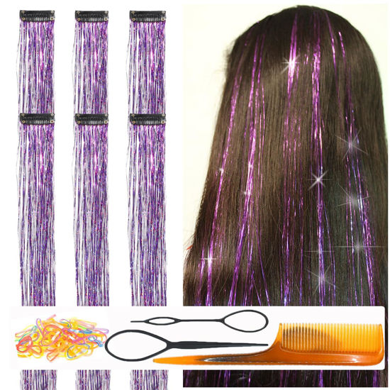 Picture of CelineBella Clip In Purple Tinsel Hair Extensions Kit Glitter Strands Clip In for Girls Women Fairy Hair New Year Party Halloween Festival Gift