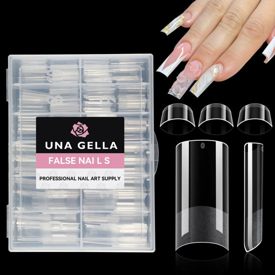 Picture of UNA GELLA No C Curve Medium Square Nail Tips 216 Pcs Pre-file Half Cover Straight Square Gel x Nail Tips Clear Fake Nails Tips Half Matte Long Lasting For Nail Extension Home DIY Salon 12 Sizes