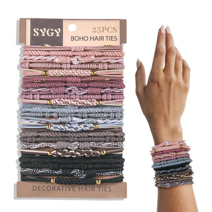 Picture of 25 PCS Boho Hair Ties, Bracelets Hair Ties for Thick or Thin Hair, 5 Styles Boho Ties for Ponytail Holders, 2.36’’ Hair Ties No-Damage, Valentine's Day Gifts, Multicolor