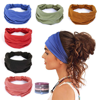 Picture of GILI 6 Pack Wide Headbands for Women Non Slip Soft Elastic Hair Bands Yoga Running Sports Workout Gym Head Wraps, Knotted Cotton Cloth African Turbans Bandana (with 6 Pcs Hair Ties)
