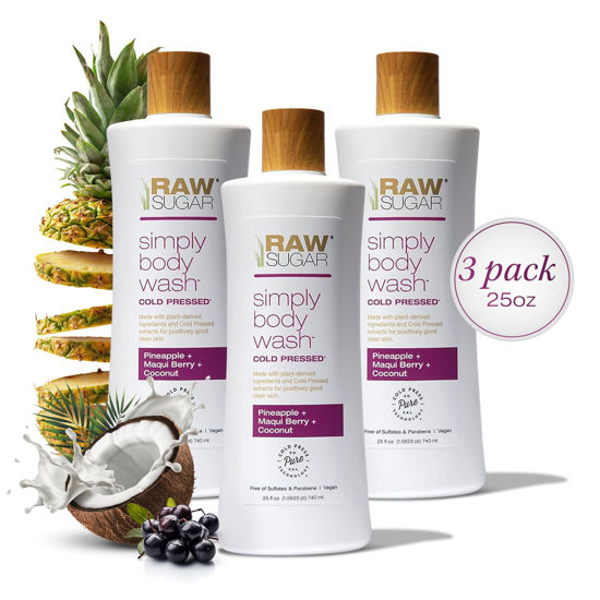 Picture of RAW SUGAR Simply Body Wash - Pineapple + Maqui Berry + Coconut, Moisturizing & Brightening Bath & Shower Gel, Sulfate-Free, Paraben-Free & Vegan (Pack of 3)