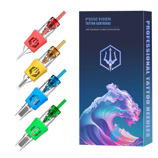 Picture of POSEIDON Tattoo Cartridges Needles 20PCS Tattoo Needles with Membrane Safety Cartridges Disposable # 12 Standard Round Liner Tattoo Needle for Tattoo Pen（1205RL）