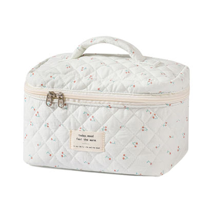 Picture of uekeboag Large Travel Quilted Makeup Bag for Women, Floral Cotton Cosmetic Bag, Coquette Aesthetic Floral Toiletry Organizer Bag (White-Cherry)