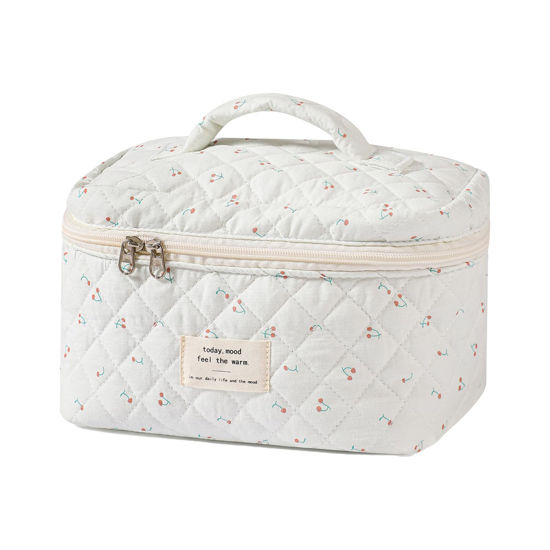 Picture of uekeboag Large Travel Quilted Makeup Bag for Women, Floral Cotton Cosmetic Bag, Coquette Aesthetic Floral Toiletry Organizer Bag (White-Cherry)