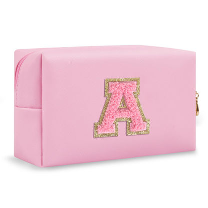 Picture of Personalized Initial A-Z Preppy Patch Makeup Bag,Small PU Leather Chenille Letter Cosmetic Bag with Zipper for Teen Girls,Pink Cute Travel Toiletry Bag,Birthday Monogrammed Gift for Daughter,Letter A