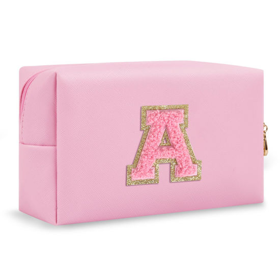 Picture of Personalized Initial A-Z Preppy Patch Makeup Bag,Small PU Leather Chenille Letter Cosmetic Bag with Zipper for Teen Girls,Pink Cute Travel Toiletry Bag,Birthday Monogrammed Gift for Daughter,Letter A