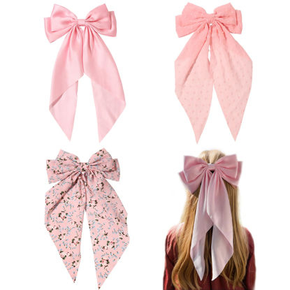 Picture of LFOUVRE Pink Hair Accessories - Bow Hair Clips, Bowknot Barrettes with Tail for Girls and Women, Floral Dots Bows, 3pcs Set