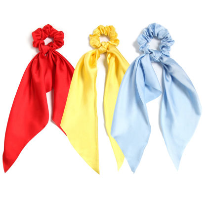 Picture of 3PCS Hair Scarf Scruncheis for Women Knotted Bow Hair Ties Elastic Bands Satin Hair Ribbon Scrunchy Red Ponytail Holder for Women and Girls (Red Yellow Blue)