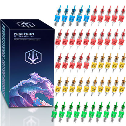 Picture of Poseidon 50Pcs Tattoo Cartridge Needles Assorted Mixed Size Round Liner Shader Magnum Curved/Round Mag # 12 Standard 3RL 5RL 7RL 9RL 5RS 7RS 9RS 7RM 9RM 9M1 Disposable Membrane for Tattoo Pen