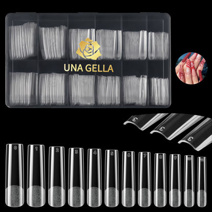 Picture of UNA GELLA Extra Long Tapered Sqaure Nail Tips, Pre-file 120Pcs Square Gel Tips No C Curve XXL Long Square Nail Tips Full Cover Acrylic Straight Nails Tips for Nails Extension Art DIY Salon 12 Sizes