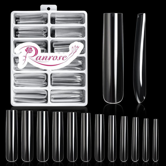 Picture of Ranrose Extra Long Nail Tips,240PCS XXXL Long Square Acrylic Nail Tips Full Cover Clear Long Straight Tapered Square Nail Tips 12 Sizes Pre-shaped Fake Nails for DIY Press On Nail Extensions for Women