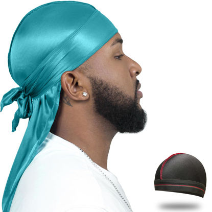 Picture of ForceWave Silky Durag for Men Wave Cap Satin Dorag for Men Women 360 Wave (Turquoise)
