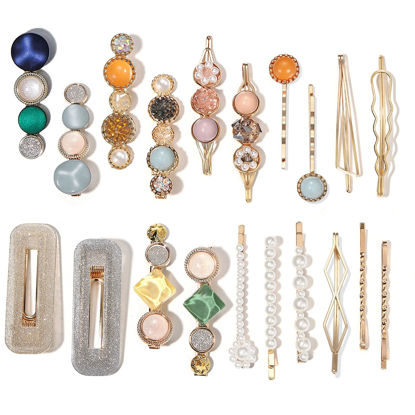 Picture of Mehayi 20 PCS Macaron Pearls and Acrylic Resin Hair Clips, Handmade Cute Hair Barrettes Bobby Pins, Glitter Crystal Geometric Hairpin, Elegant Gold Hair Accessories, Gifts for Women Girls…