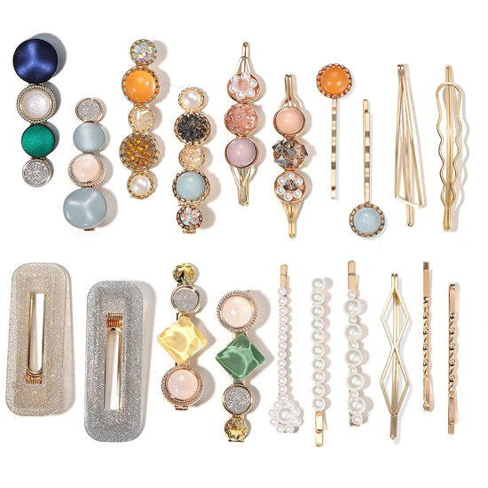 Picture of Mehayi 20 PCS Macaron Pearls and Acrylic Resin Hair Clips, Handmade Cute Hair Barrettes Bobby Pins, Glitter Crystal Geometric Hairpin, Elegant Gold Hair Accessories, Gifts for Women Girls…