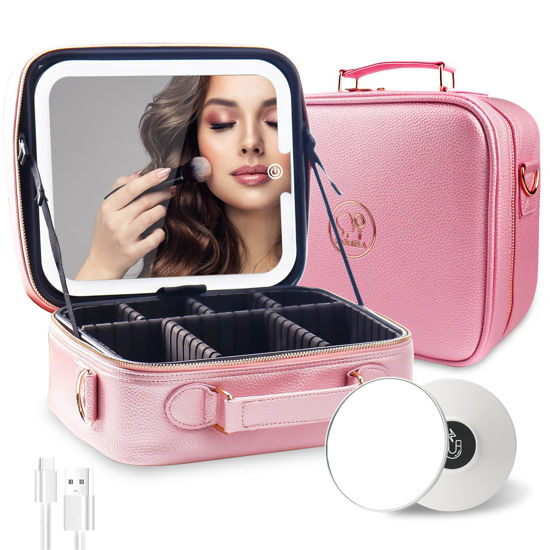 Picture of MOMIRA Travel Makeup Bag Cosmetic Bag with Lighted Mirror, Adjustable Brightness in 3 Color Scenarios/Detachable makeup mirror, 2024-All-round Upgrade, Waterproof, Gift for Women -Silver Pink