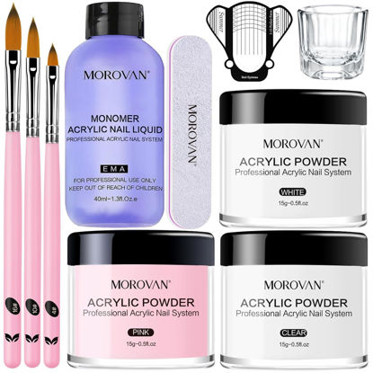 Picture of Morovan Acrylic Nail Kit: Clear Pink White Acrylic Powder and Professional Liquid set for Acrylic Nails Extension for Beginner DIY at Home with Acrylic Nail Brush