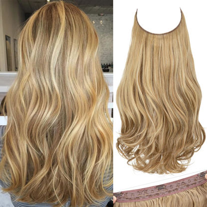 Picture of SARLA Invisible Wire Hair Extensions with 3 Clips Long Wavy Curly Synthetic Hairpiece for Women Adjustable Transparent Headband 22 Inch Sahara Beige