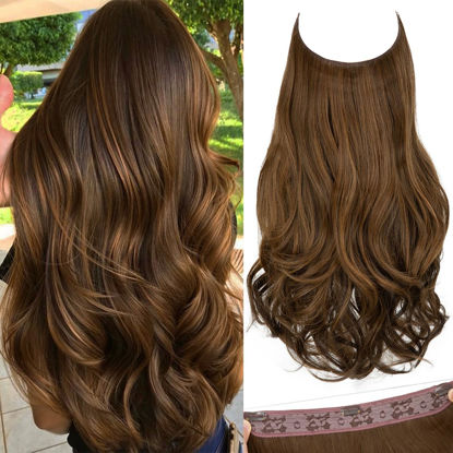 Picture of SARLA Invisible Wire Hair Extensions with 3 Clips Long Wavy Curly Synthetic Hairpiece for Women Adjustable Transparent Headband 18 Inch Chocolate