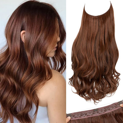 Picture of SARLA Invisible Wire Hair Extensions Long Wavy Curly Synthetic Hairpiece with 3 Clips for Women Adjustable Transparent Headband 16 Inch Red Vino