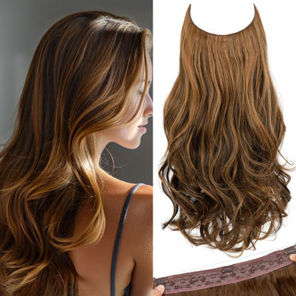 Picture of SARLA Invisible Wire Hair Extensions with 3 Clips Long Wavy Curly Synthetic Hairpiece for Women Adjustable Transparent Headband 16 Inch Chestnut