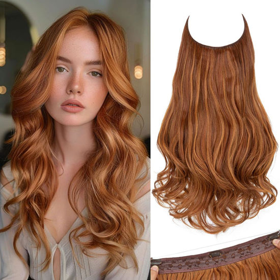 Picture of SARLA Invisible Wire Hair Extensions with 3 Clips Short Wavy Curly Synthetic Hairpiece for Women Adjustable Transparent Headband 14 Inch Tizian Red