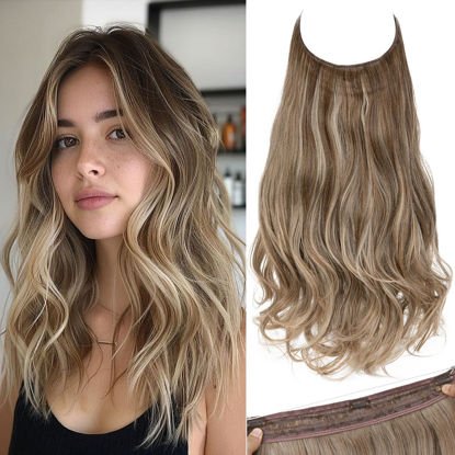 Picture of SARLA Invisible Wire Hair Extensions with 3 Clips Long Wavy Curly Synthetic Hairpiece for Women Adjustable Transparent Headband 18 Inch Dark Sand