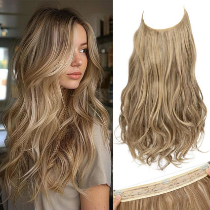 Picture of SARLA Invisible Wire Hair Extensions with 3 Clips Long Wavy Curly Synthetic Hairpiece for Women Adjustable Transparent Headband 22 Inch Sand