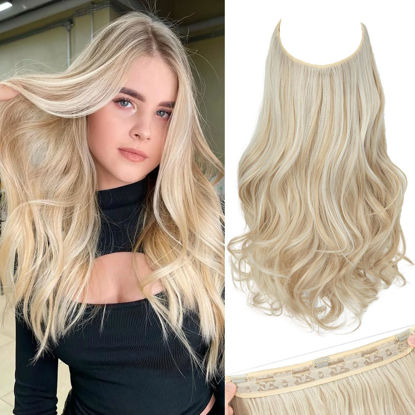 Picture of SARLA Invisible Wire Hair Extensions with 3 Clips Short Wavy Curly Synthetic Hairpiece for Women Adjustable Transparent Headband 14 Inch Cream Blonde