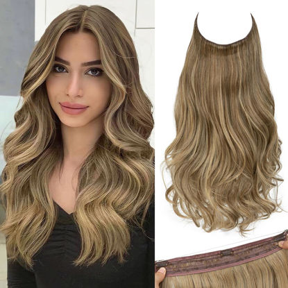 Picture of SARLA Invisible Wire Hair ExtensionsLong Wavy Curly Synthetic Hairpiece f with 3 Clips or Women Adjustable Transparent Headband 18 Inch Sandy Brunette